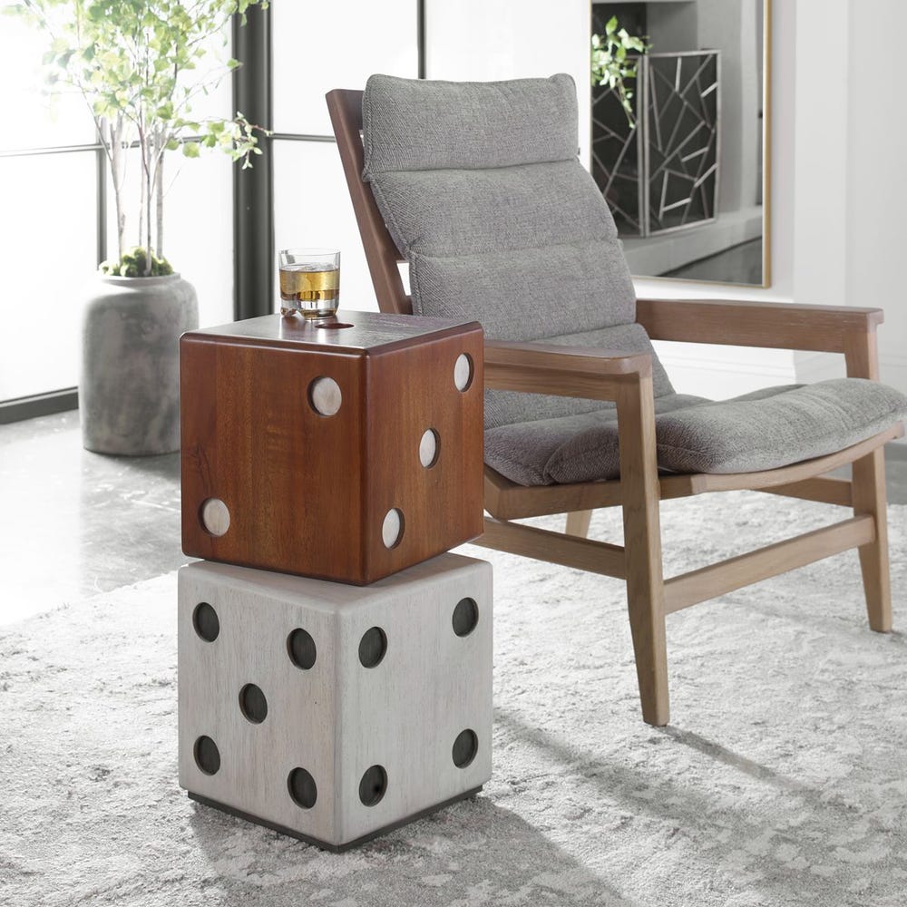 Roll the Dice Wooden Accent Table – Natural Wood & Whitewash