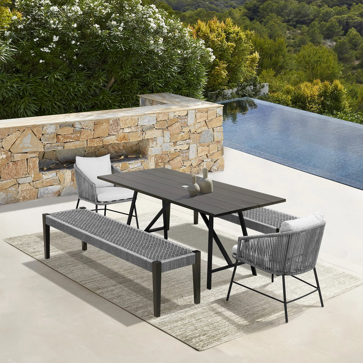 Frinton, Ditas & Rhett 5-Piece Outdoor Dining Set in Dark Eucalyptus, Gray Rope & Cushions