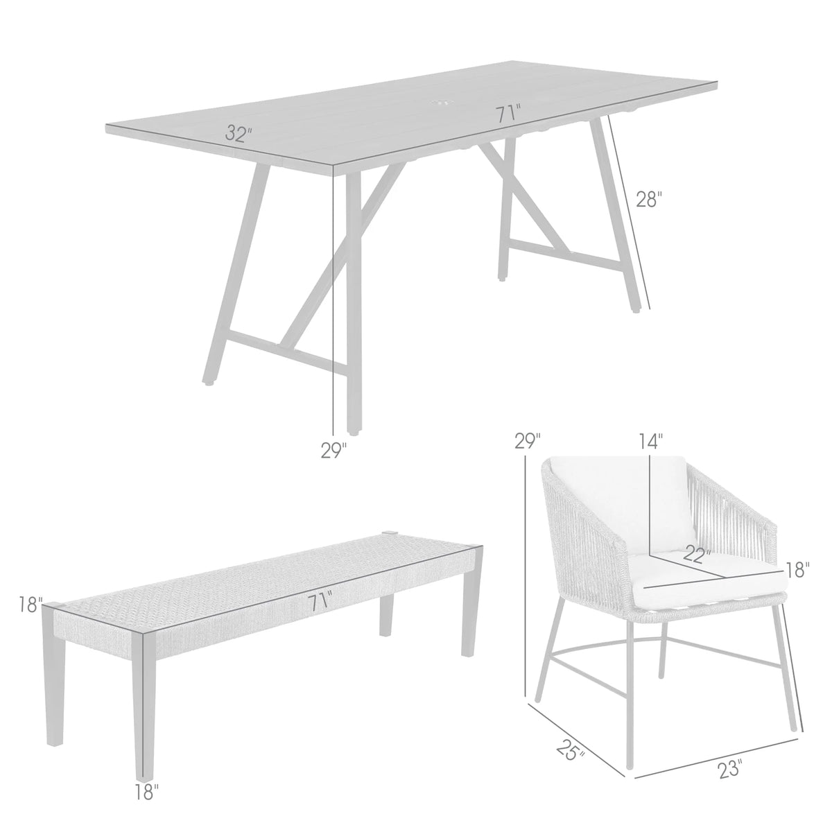 Frinton, Ditas & Rhett 5-Piece Outdoor Dining Set in Dark Eucalyptus, Gray Rope & Cushions