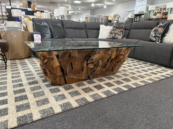 Revelation Teak Root Coffee Table with Glass Top