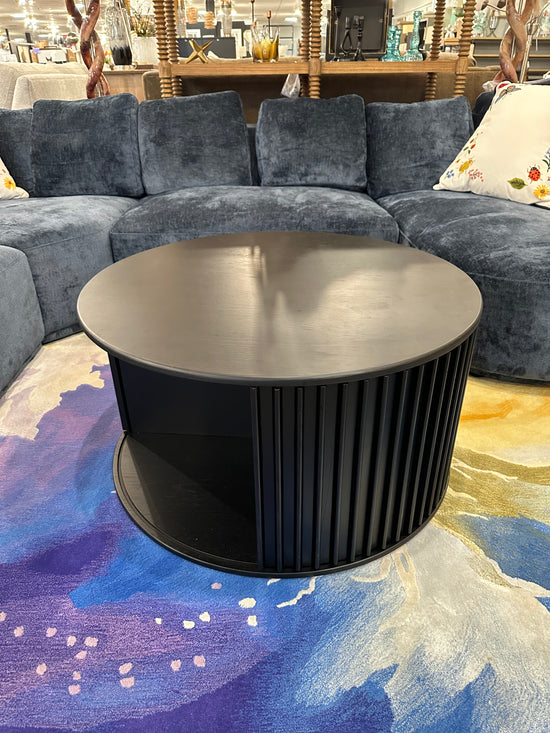 Siena 33" Round Coffee Table with Sliding Door – Black Oak