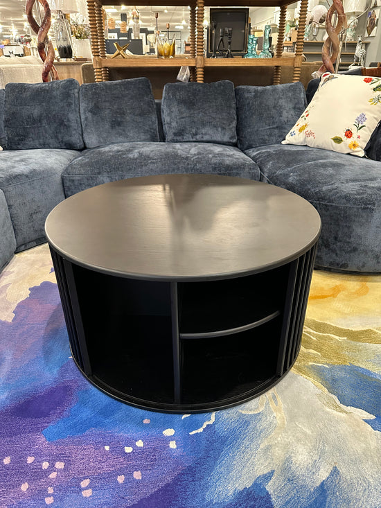 Siena 33" Round Coffee Table with Sliding Door – Black Oak