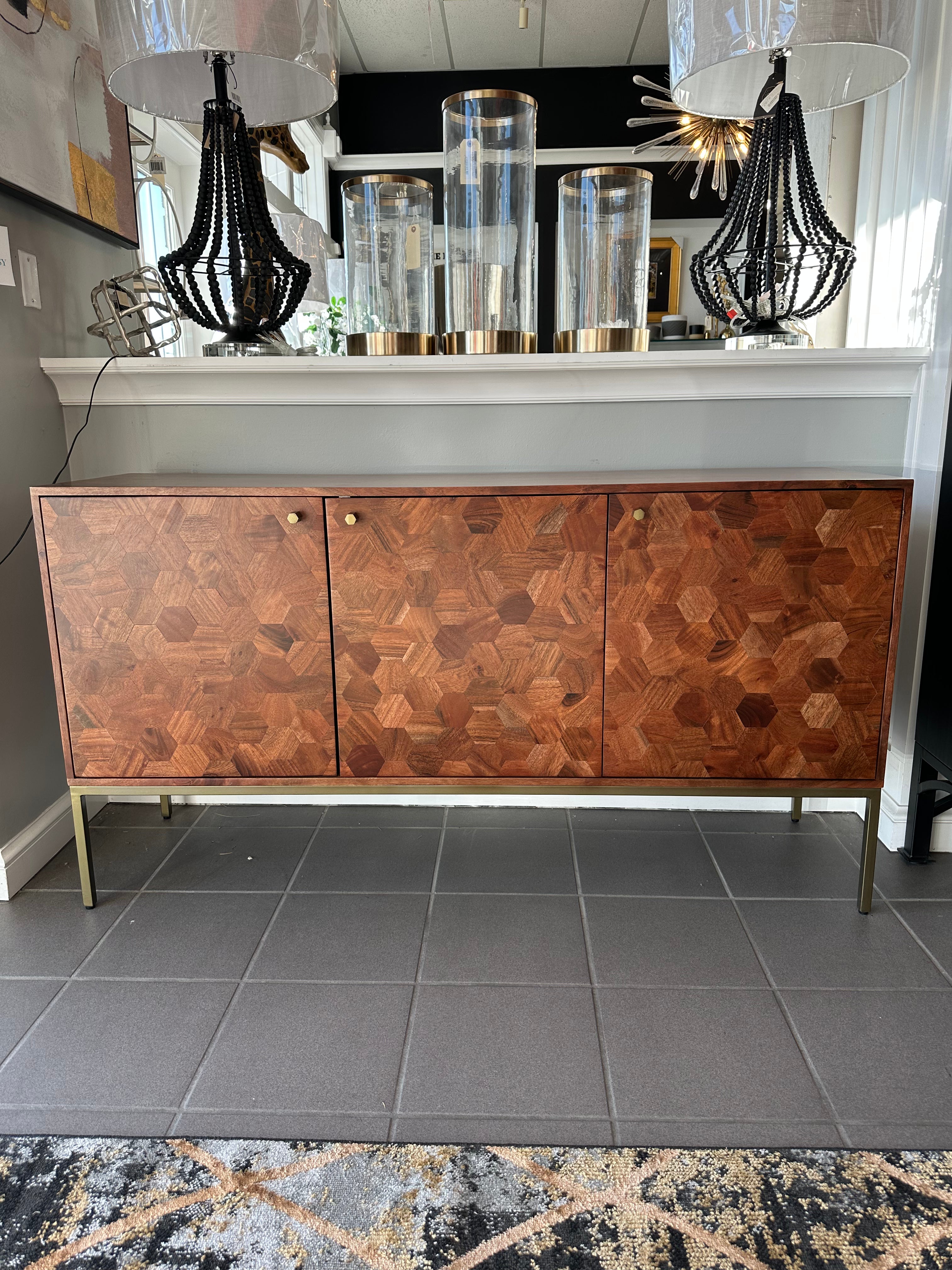 Kenzo Honeycomb Mid-Century Sideboard – Brown with Brass Accents
