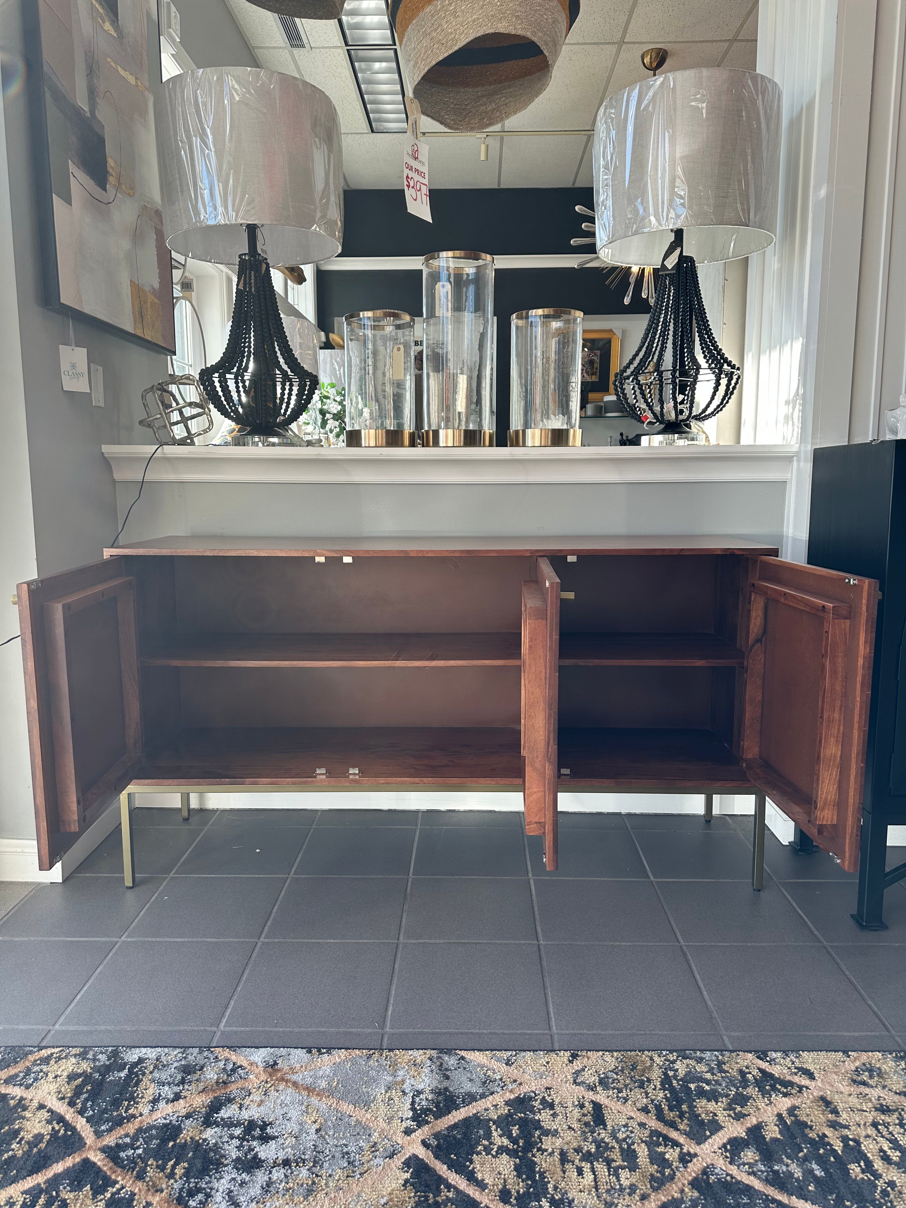 Kenzo Honeycomb Mid-Century Sideboard – Brown with Brass Accents