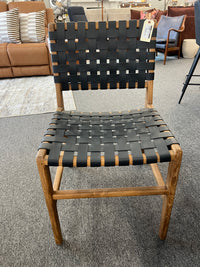 Woven Leather & Teak Wood Chair – Black Leather