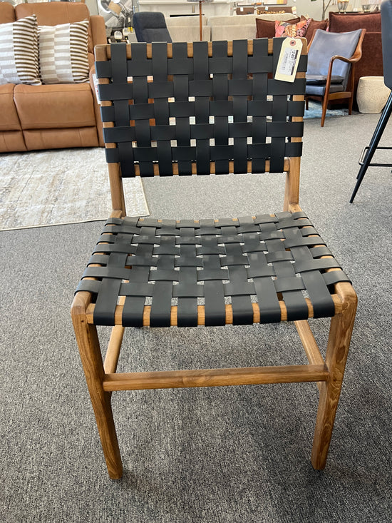 Woven Leather & Teak Wood Chair – Black Leather