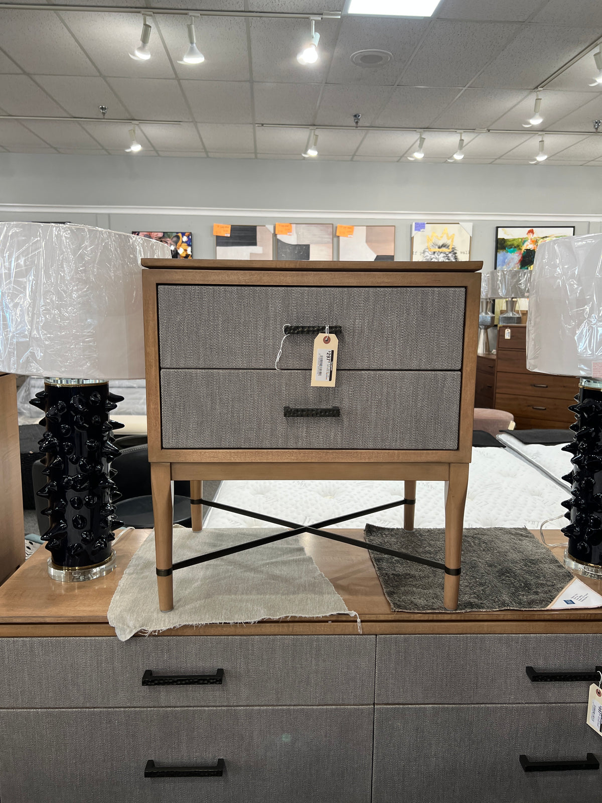 Loft 2-Drawer Fabric Nightstand – Natural Maple & Gray