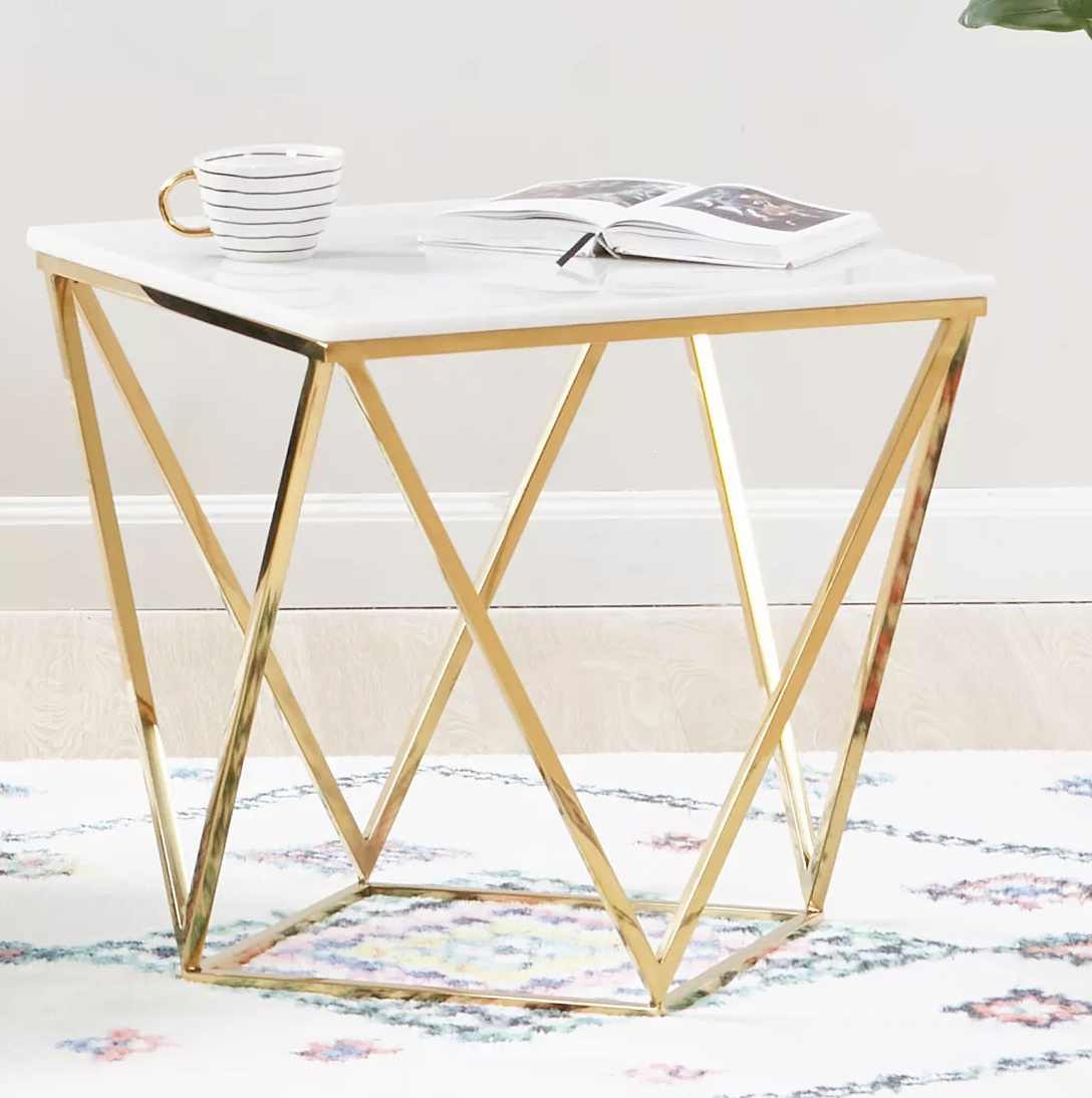 Aria White Marble End Table – Polished Gold Stainless Steel