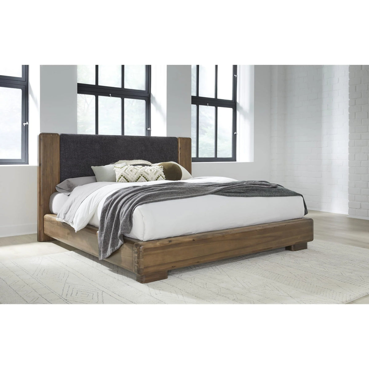 Boka Chenille Upholstered Acacia Wood Platform Bed