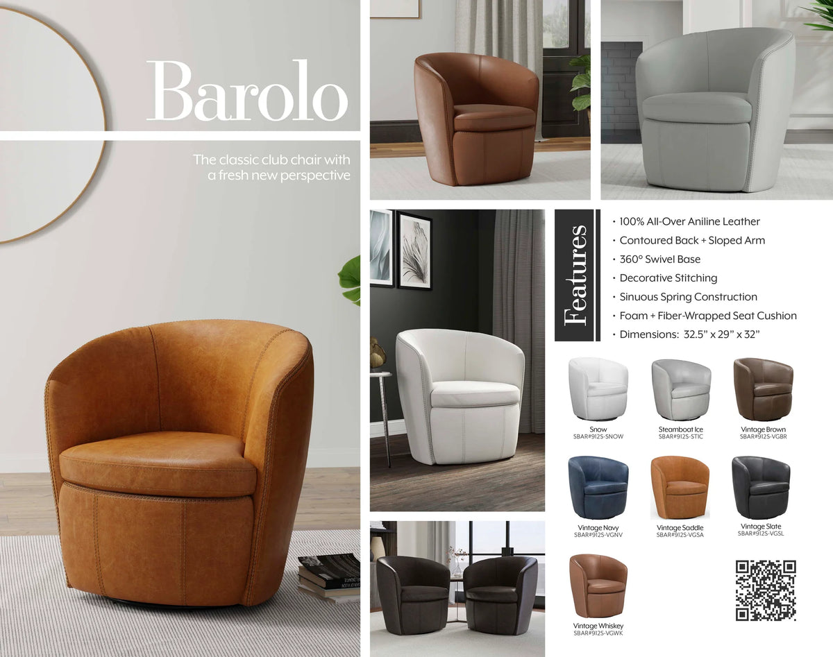 Collage of Barolo armchairs in various colors with features listed.