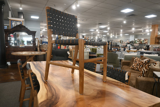 Woven Leather & Teak Wood Chair – Black Leather