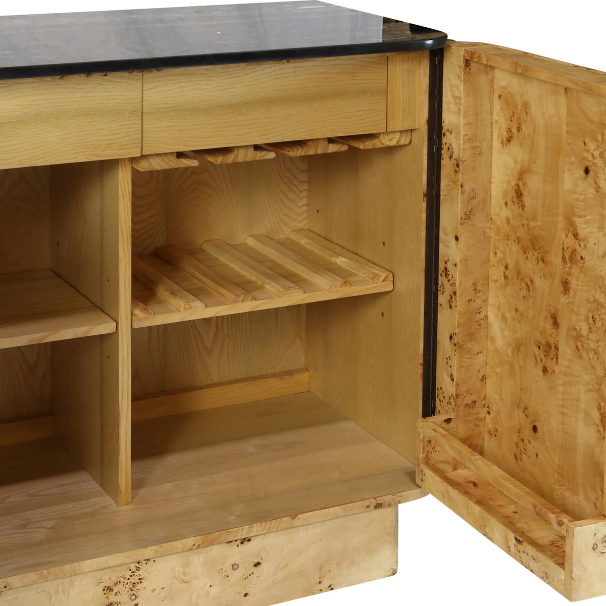 Zia Bar Cabinet with Marble Top – Natural Burl Wood