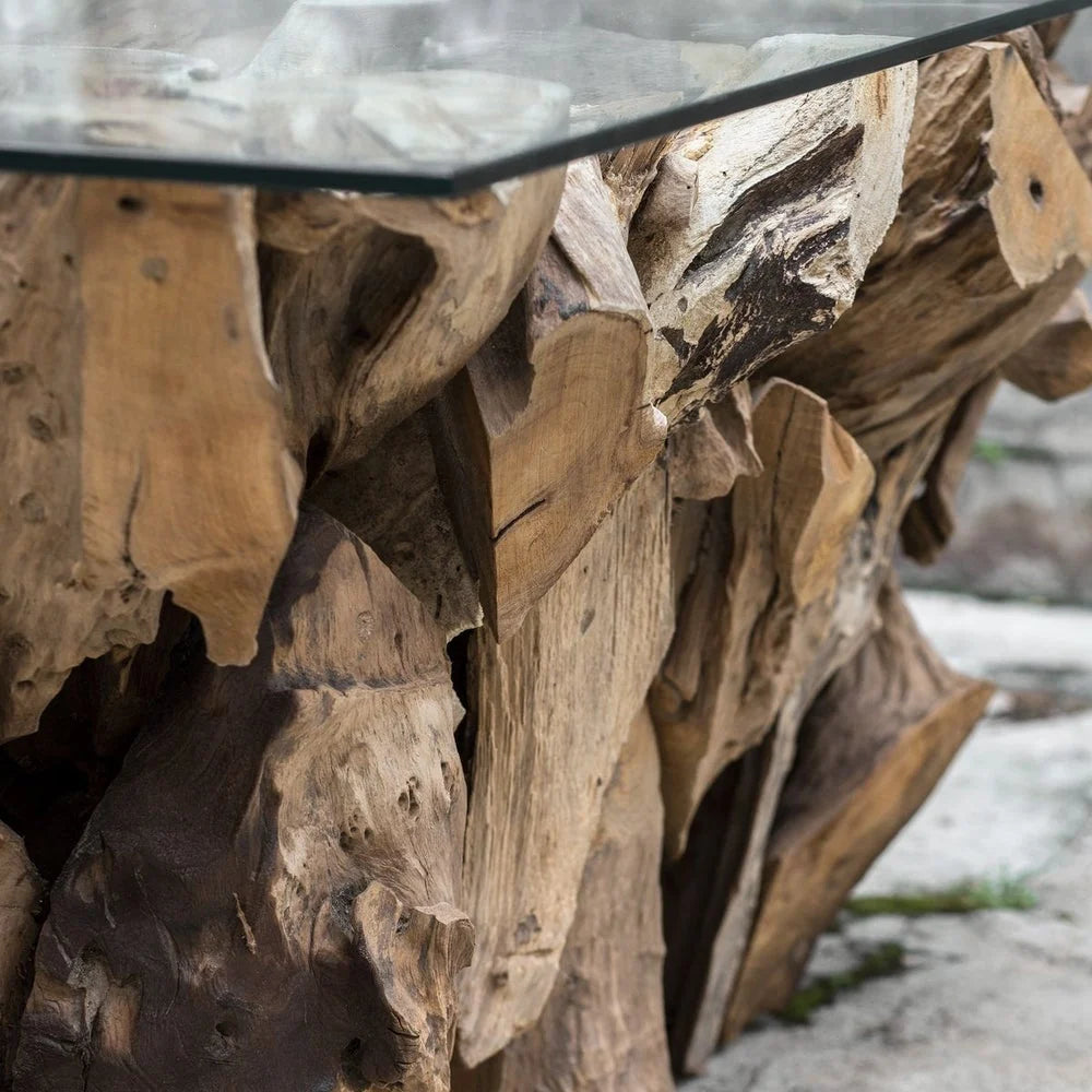 Revelation Teak Root Coffee Table with Glass Top