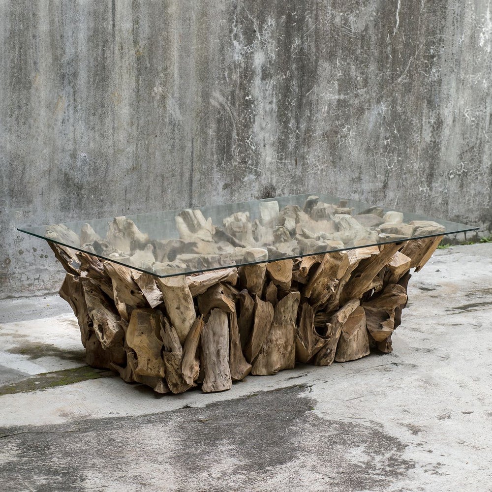 Revelation Teak Root Coffee Table with Glass Top
